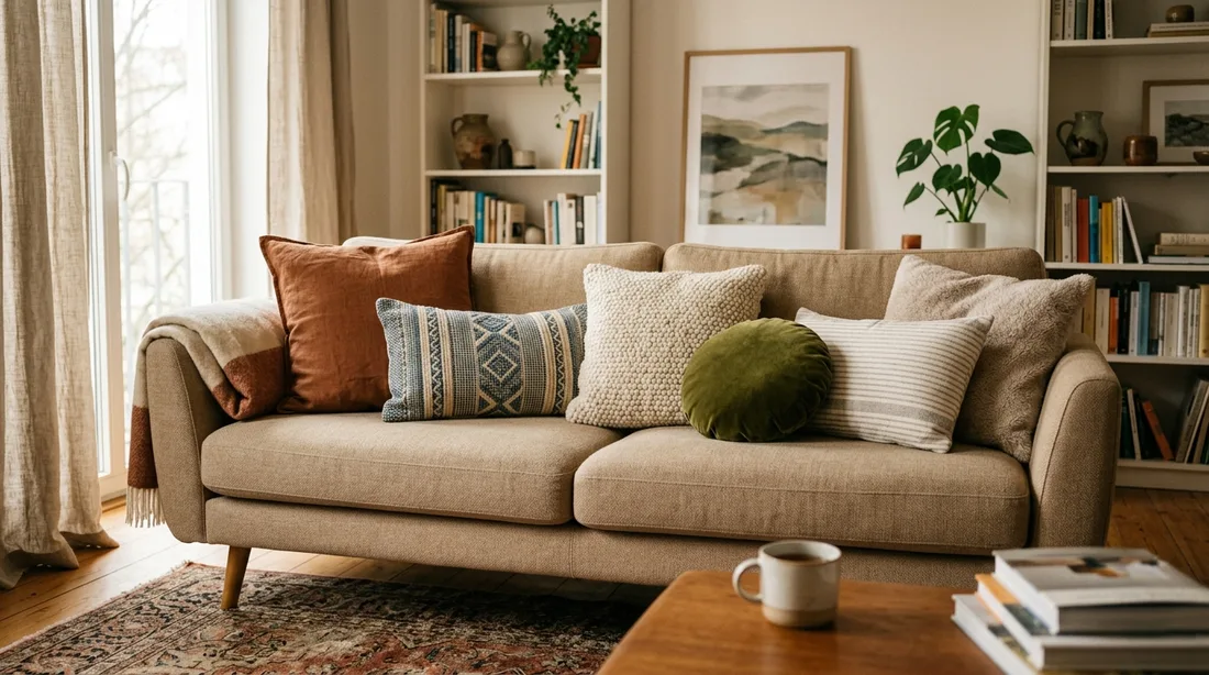 Sofa mit mehreren Dekokissen in unterschiedlichen Größen und Stoffen